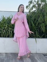 Rose water pink Parsi gara & chikankari embroidered kurta set (set of 3)